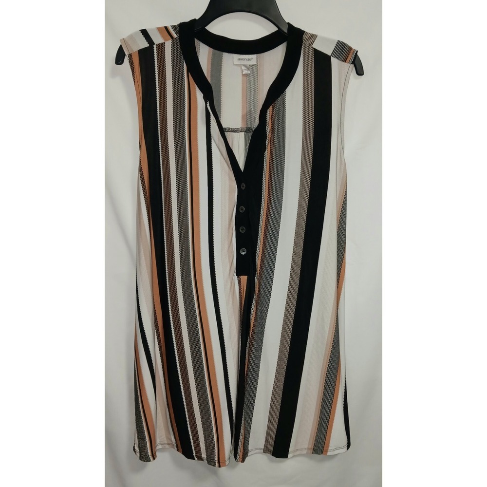 Avenue Top, Black, Tan & White‎ Striped, Sleeveless, V neck, 18/20, 31'' Long